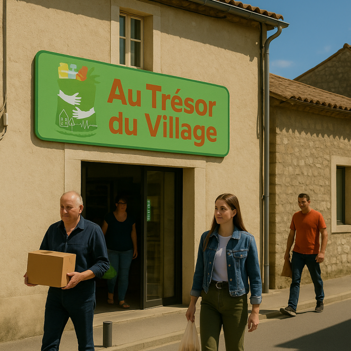 Devanture de la supérette Au Trésor du Village à Domessargues avec des habitants sortant après leurs achats.